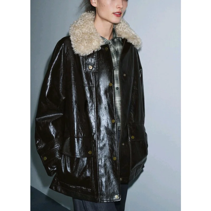 Abrigo largo con cuello Sve para mujer nuevo de invierno con cuello de piel artificial desmontable abrigo informal holgado de fibra de poliéster para mujer...