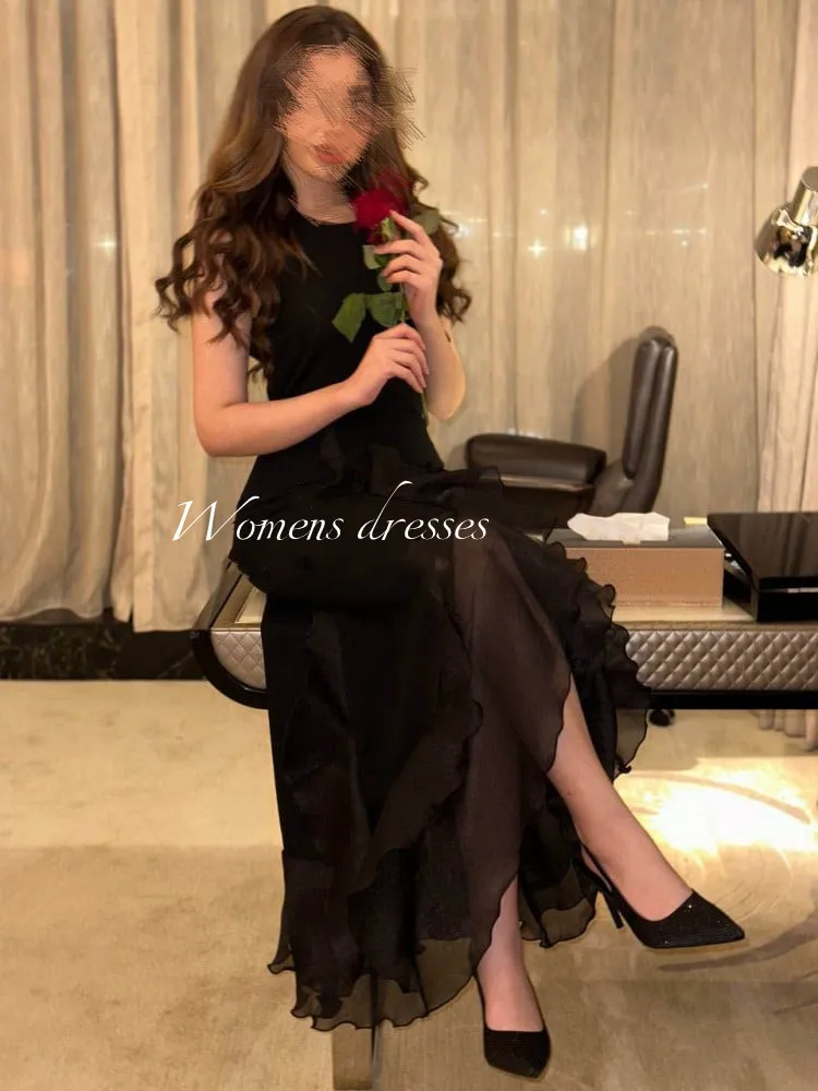 Black Evening Dresses Straight Long Dresses Sleeveless Prom Dresses 2024 Luxury Wave Point Cocktail Prom Gown فساتين الحفلات