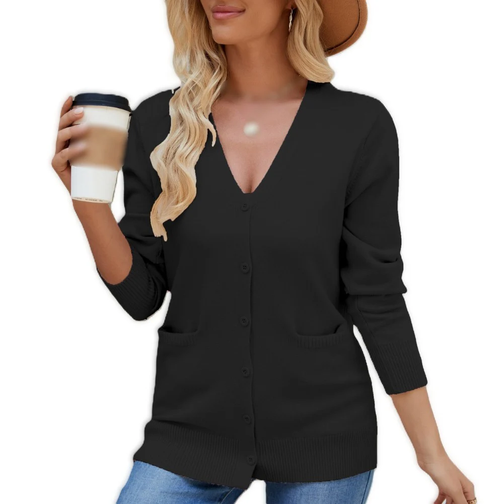 Womens V Neck Solid Color Knitted Cardigan Coat Single Breasted Regular Length for Autumn Winter Fashion Layering