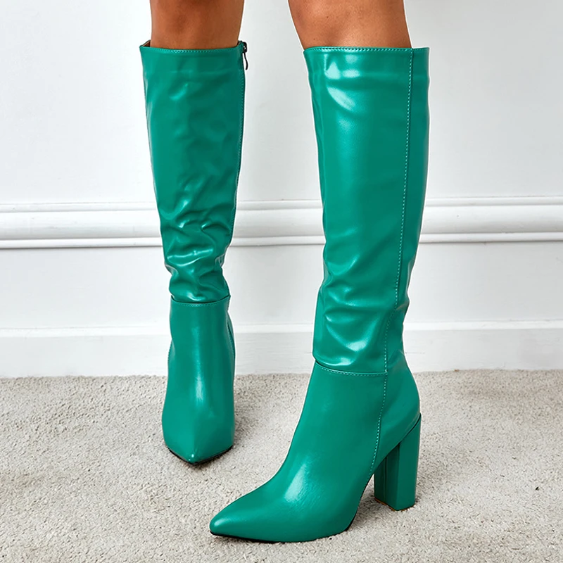 Liyke 2024 New Fashion Green Pointed Toe Zip Knee-High Boots Women Autumn Winter Square Heels Pumps Motorcycle Shoes Size 35-42