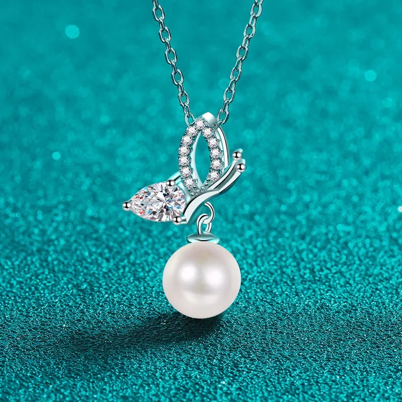 18K goldS moissanite pearl necklace for women butterfly wings plated PT950 platinum pendant fresh and sweet clavicle chain