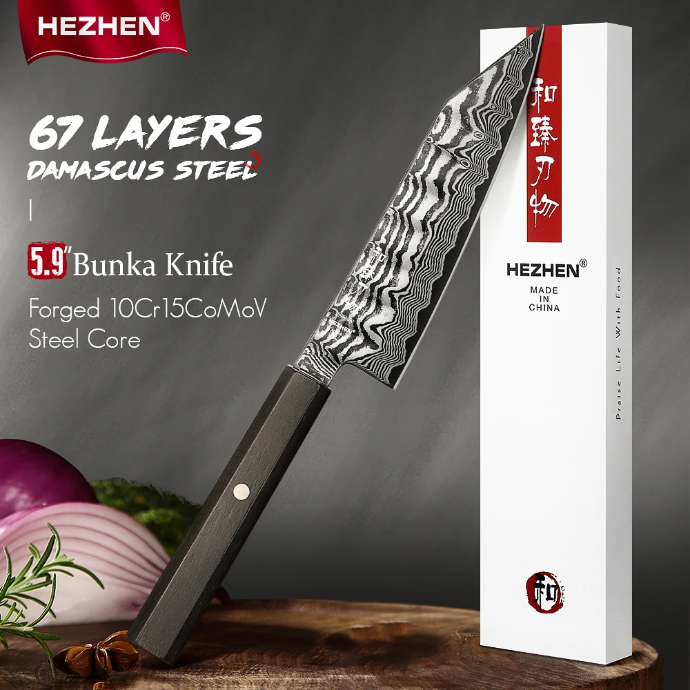HEZHEN 5.9 Inch Bunka Knife Hand-Forged 67-Layer Damascus Steel Chef Knife with Ebony Octagonal Handle Kitchen Knives
