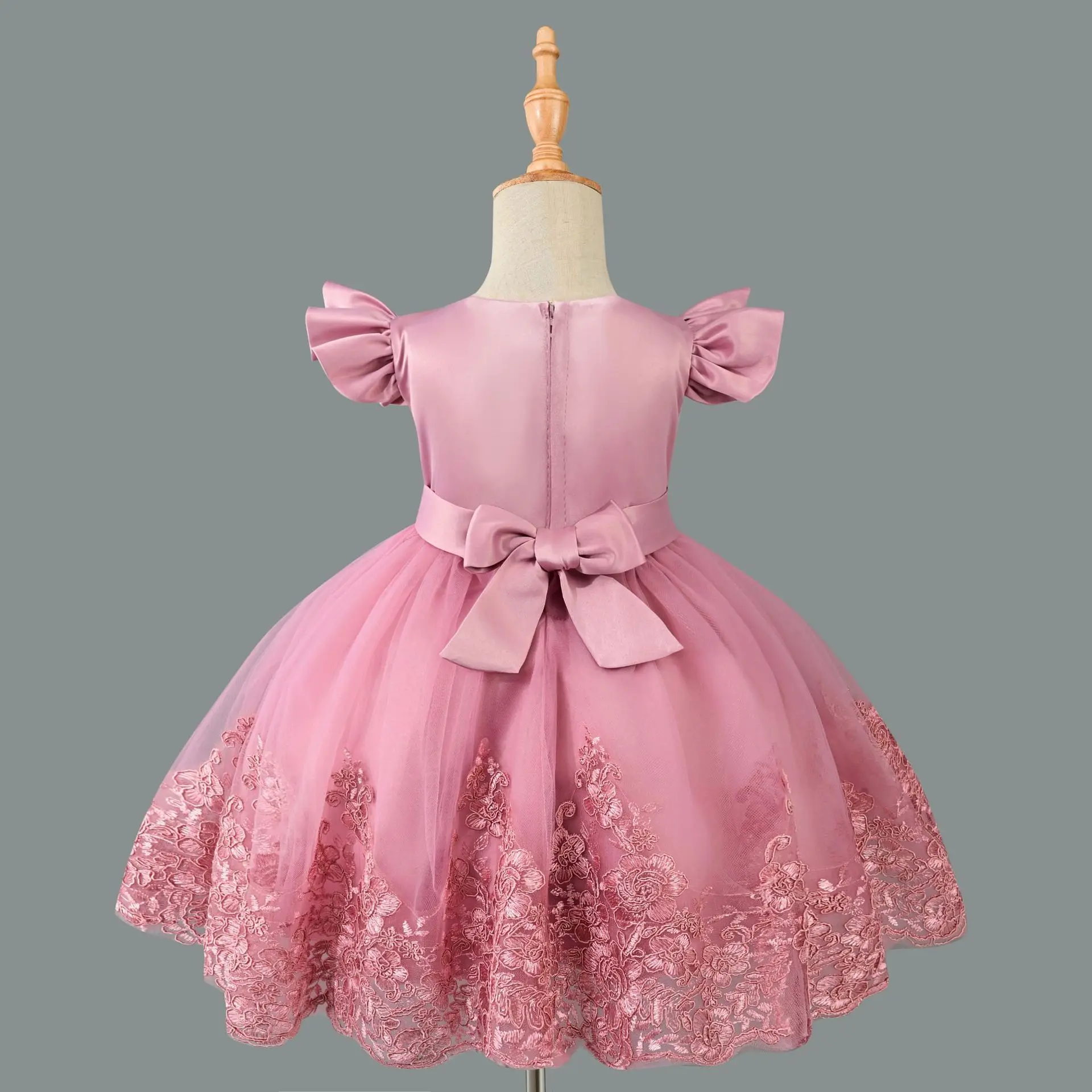 HETISO Flower Baby Girls Satin Birthday Dresses Toddler Kids Princess Party Ball Gown Child Embroidery Vestido
