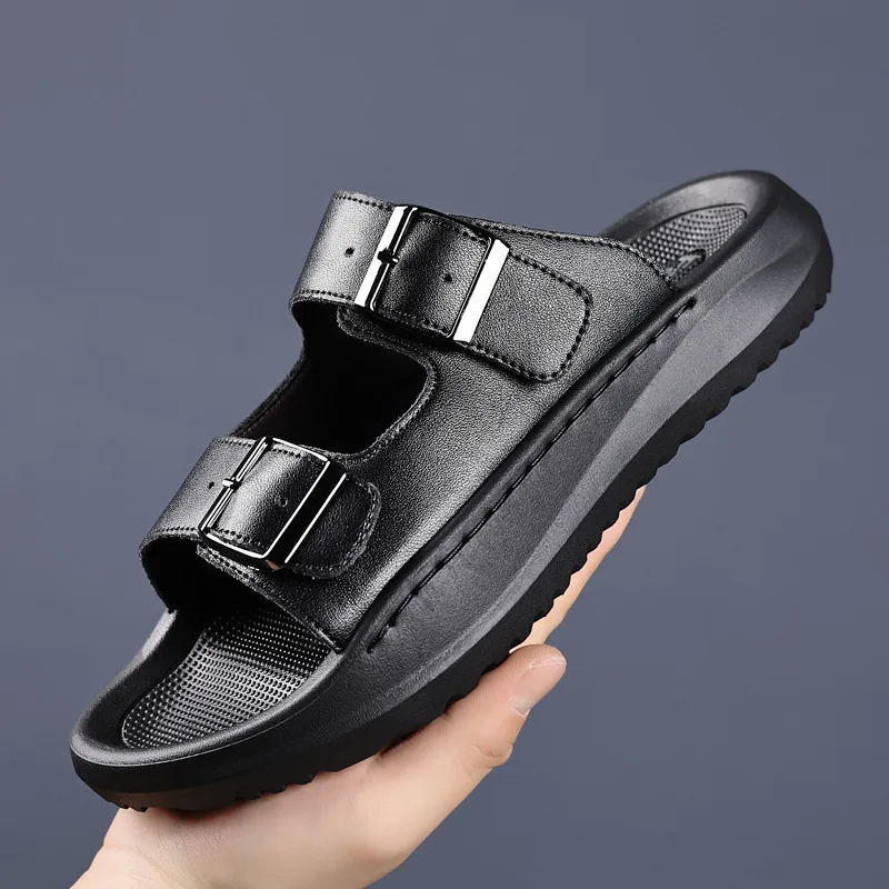 

Summer New Leather Slippers for Men Solid Color Belt Buckle Designer Beach Shoes Male Fashion Casual Slippers Shoes Man
