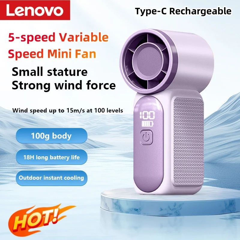Lenovo Portable Handheld Mini Folding Fan Desktop 5 Speed Built-in AI Chip Adjustable Type-C Port Rechargeable Cooling Fan 2026