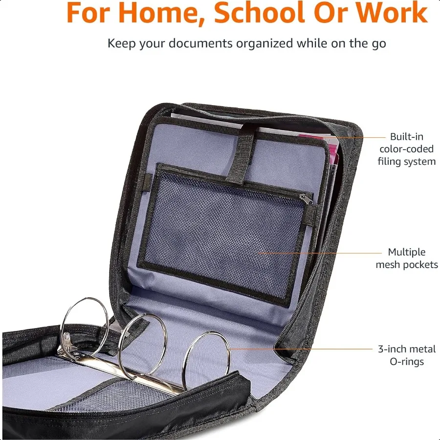 지퍼가 달린 튼튼한 3링 바인더 문서를 정리하여 보관할 수 있는 견고한 수납 공간 3인치 블랙