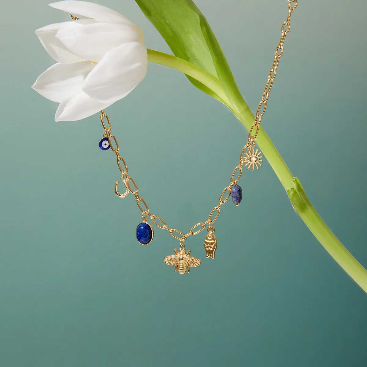 Lucky Lapis Lazuli Charm Blue Devil Eye Pendant Necklace For Women 18K Gold Plated Stainless Steel Fish Charm Necklace For Party