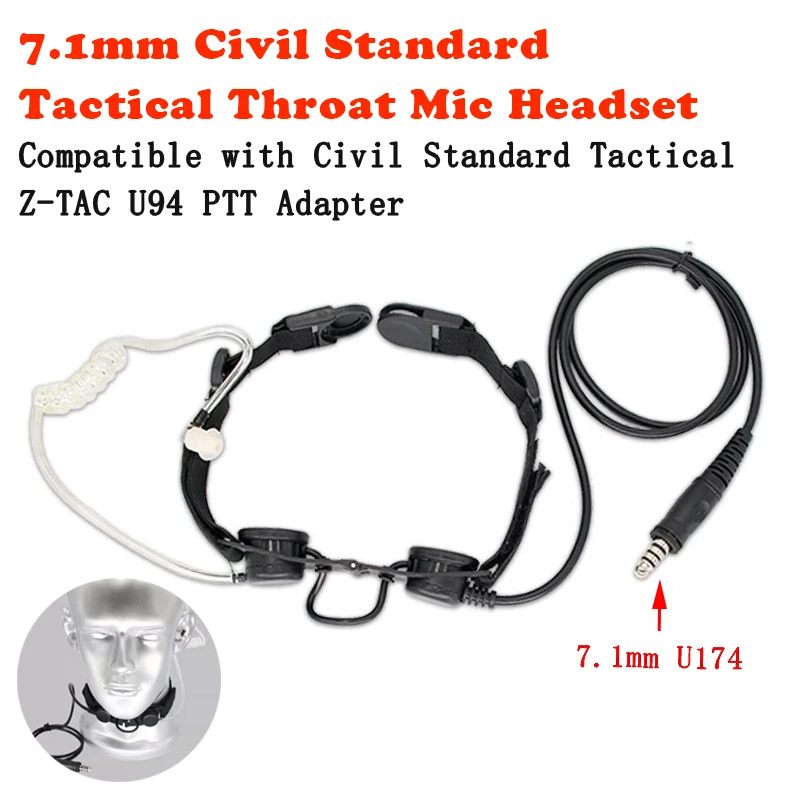 7.1mm U174 Civilian Standard Plug Adjustable Throat Mic Tactical Headset For KENWOOD BAOFENG UV5R K 2PIN Two Way Radio U94 PTT