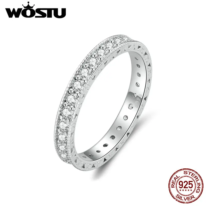 WOSTU 2mm Bling CZ Stone Ring Women 925 Sterling Silver Round Circle Shinny Crystal Finger Band Rings Engagement Wedding Jewelry