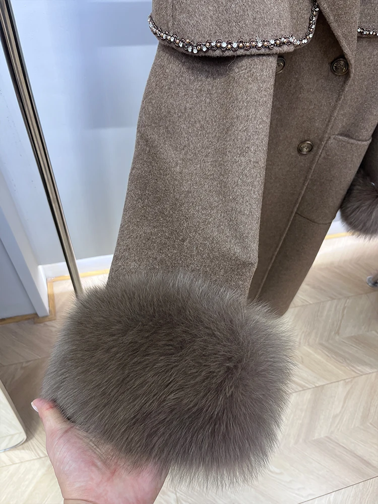 New Autumn Winter Cashmere Wool Woolen Ladies Outerwear Female Coat Real Fur Long Coat Women Natural Fox Fur Collar Jacket