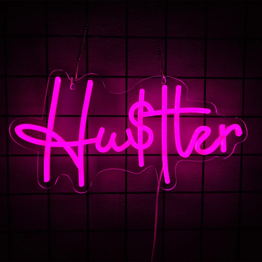 Hustler Neon Sign, Pink LED Neon Light Wall Decor, USB Powered for Office, Gym, Bedroom, Birthday Party, Motivational Gift