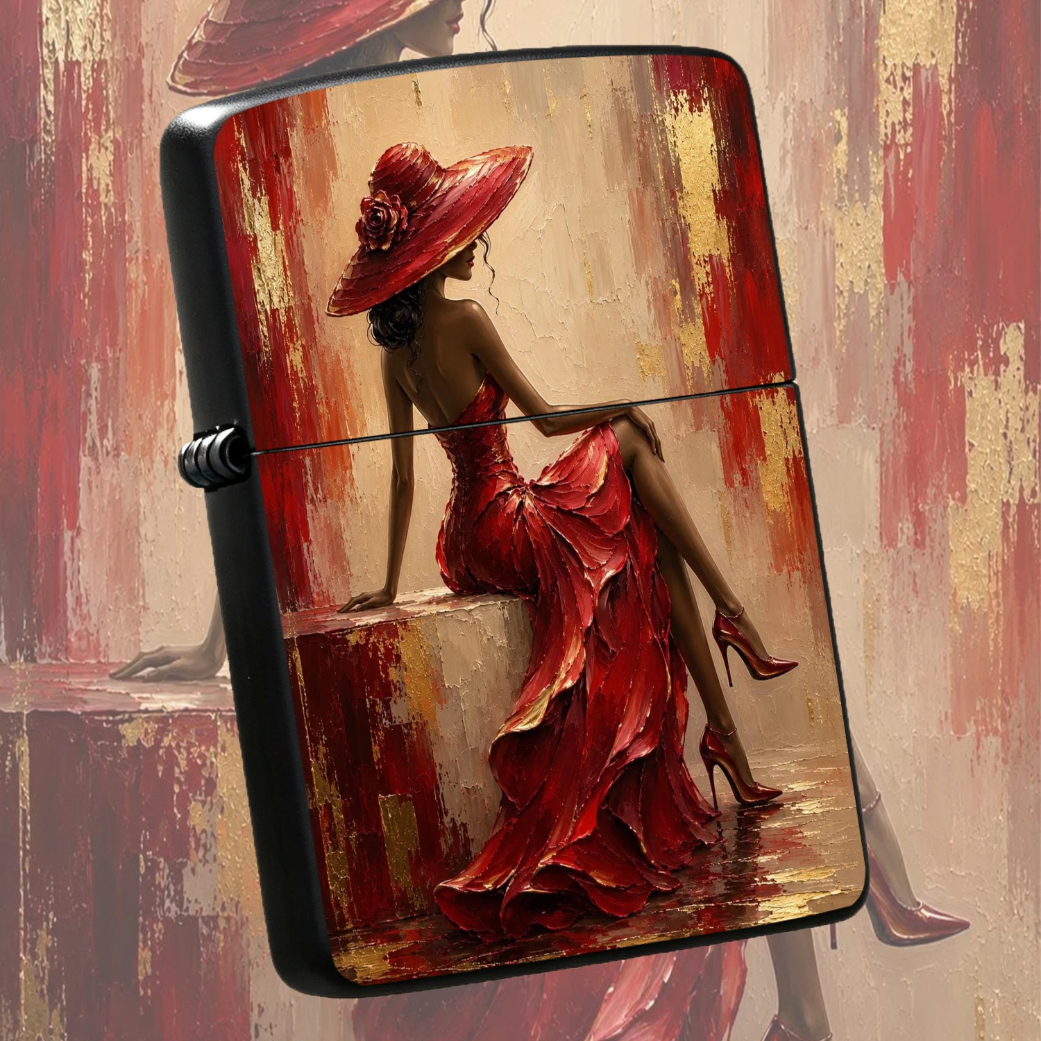 Elegant Lady In Red Dress Art Themed Lighter, Exquisite Impasto Painting Design Portable Ignition Accessory, Luxurious Golden Accent Artistic Decor, Ideal For Daily Carry, Gifting Collection, Suitable For All Scenes, Chic Stylish Creative P