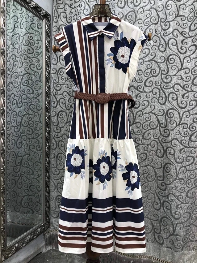 2024 new women's fashion sleeveless shirt collar printed belt slim fit fashion medium length dress