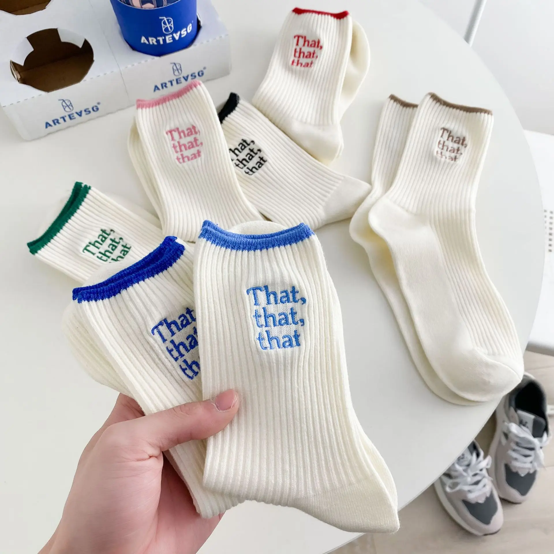 Japanese Ins Korean Version Of The New White Embroidered Mid-tube Socks Klein Blue Ladies Letters Cute Tide