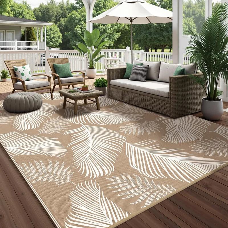 VIKAMA Tropical Palm Leaf Outdoor Rug Non Slip Waterproof Floor Mat for Terrace Balcony Poolside Camping Living Room Home Decor
