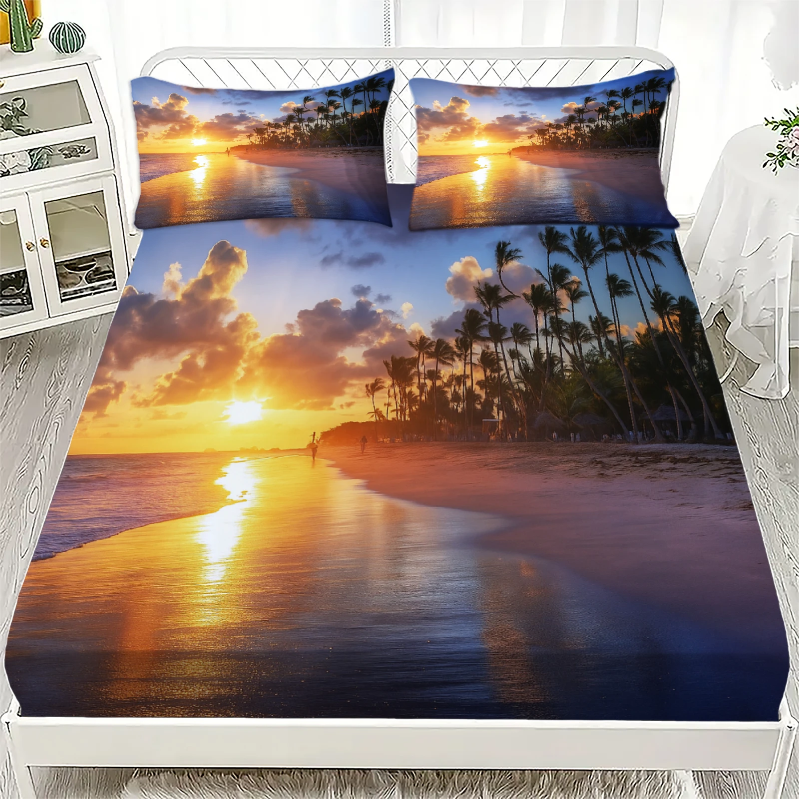 3 قطعة مجموعة ملاءات المجهزة الملونة شاطئ البحر الأزرق موجات طباعة 100% البوليستر تنفس طقم سرير للديكور المنزل مع 2 كيس وسادة