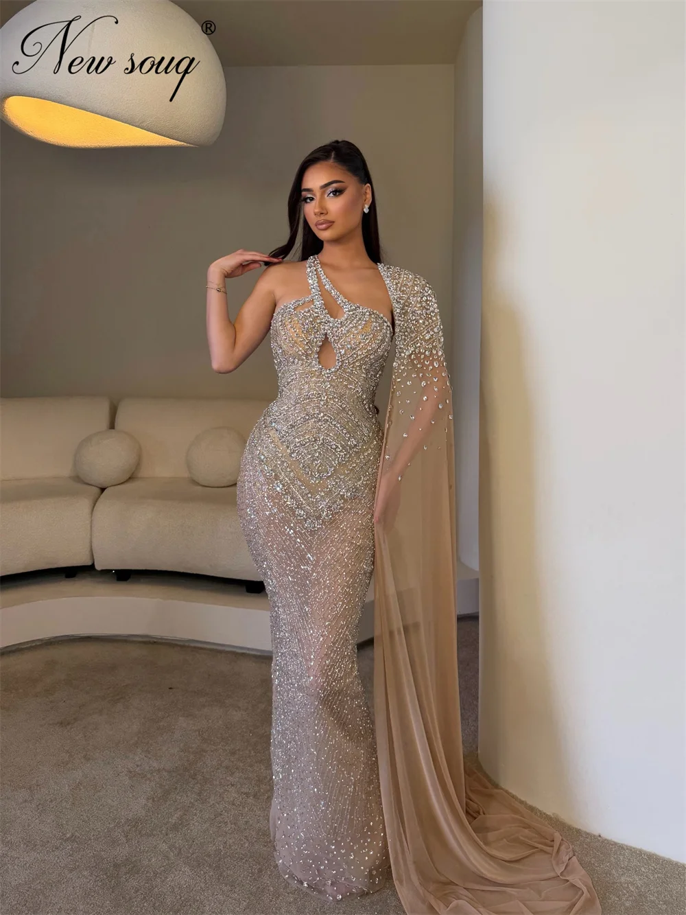 Vintage Champagne Beaded Prom Dresses With Long Cape Formal Occsion Dress Customized Mermaid Diamonds Evening Party Gowns Robes