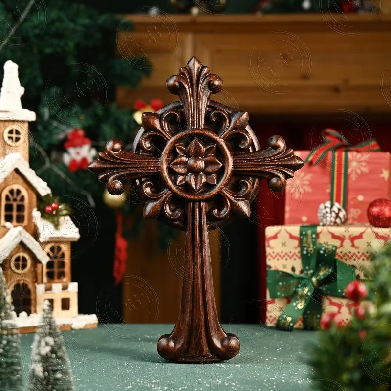 Vintage Solid Wood Carving Lily Cross Scene Decoration Baptism Batch Ornaments