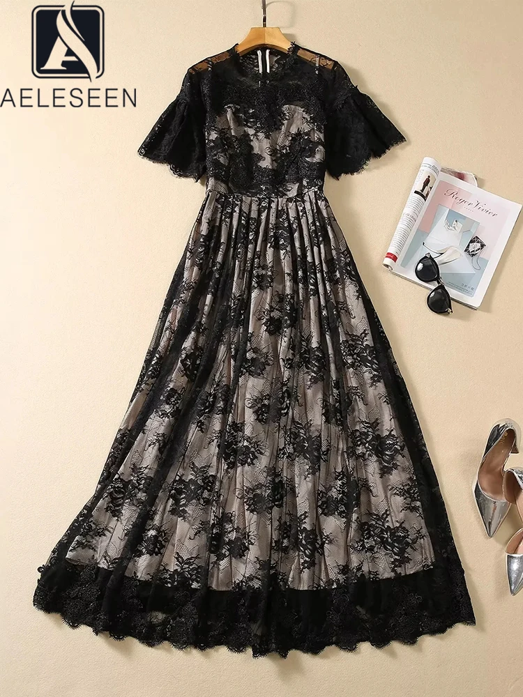 

AELESEEN Black Summer Lace Dress Design Fashion Flare Sleeve Luxury Flower Embroidery See-through Gauze Long Elegant Party