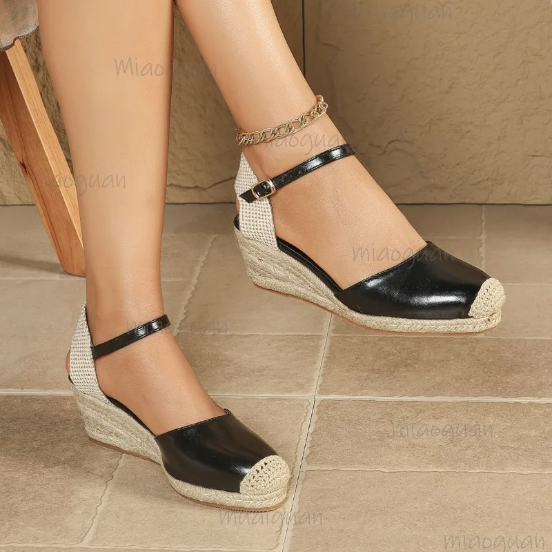 Sandalias de Cuña de Esparto de Cuero para Mujer, Zapatos de Plataforma de Moda de Verano 2026, Nuevas Sandalias Casuales de Esparto Tallas 35-42