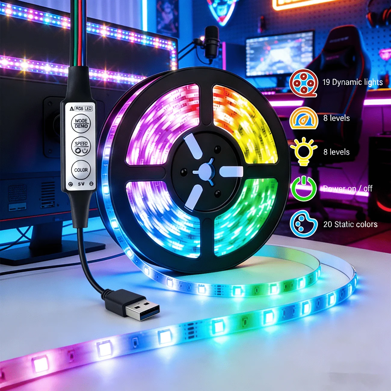 LED Light Strip Indoor Background Lamp with Push-Button Switch, Ambient Light, Easy to Install USB Light Compatible with Laptop