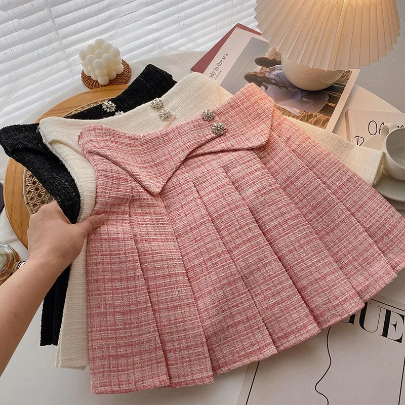 Girls Little Fragrant Wind Pleated Skirt Spring and Autumn New Korean High Waist Flower Diamond Coarse A-line Short Skirt