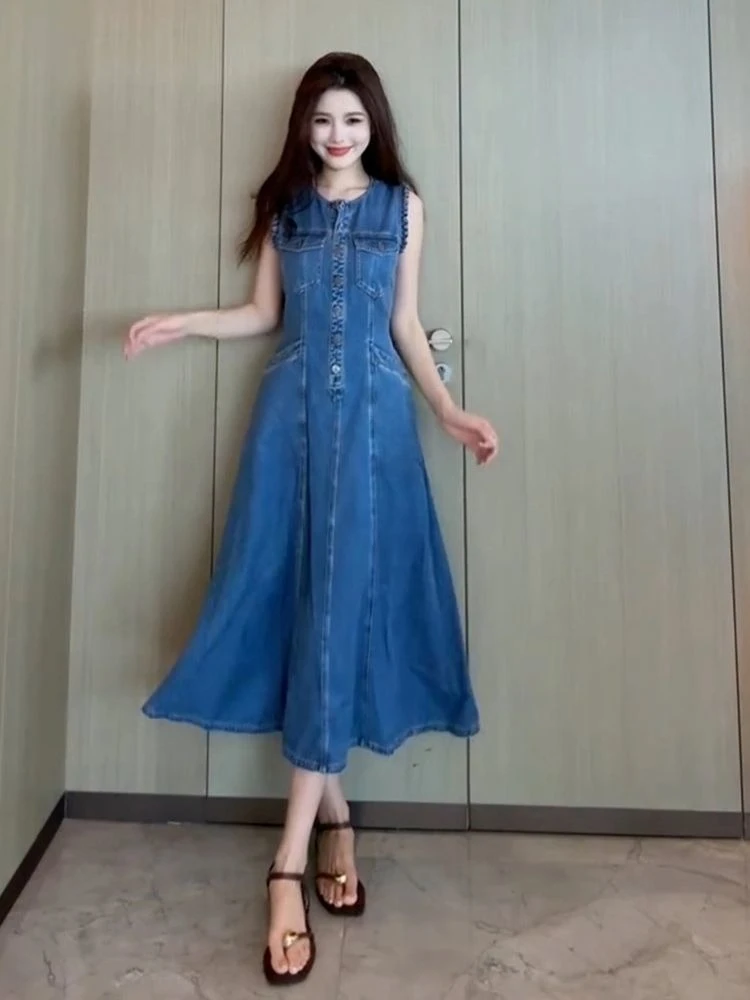 여름 여성 캐주얼 민소매 롱 블루 드레스, 2025 여성 의류 패션 디자이너 드레스