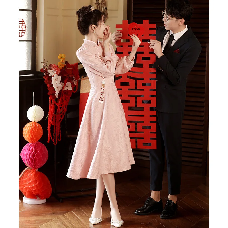 

Women Pink Cheongsam Full Sleeve Mandarin Collar Chinese Bride Wedding Qipao Vintage Improved Chinese Dress Classic Vestidos