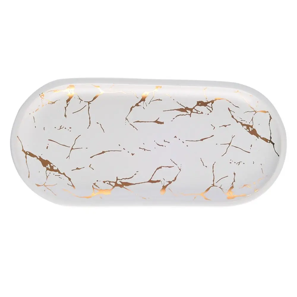 Marble Texture Nordic Marble Tray Porcelain Material Glazed Golden Pattern Ceramic Oval Plate Oval Shape Luxury Design