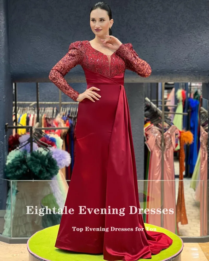 Eightale Plus Size Evening Dresses Sparkly Long Sleeves Satin Mermaid Arabic Prom Party Gowns Vestidos Para Eventos Especiales