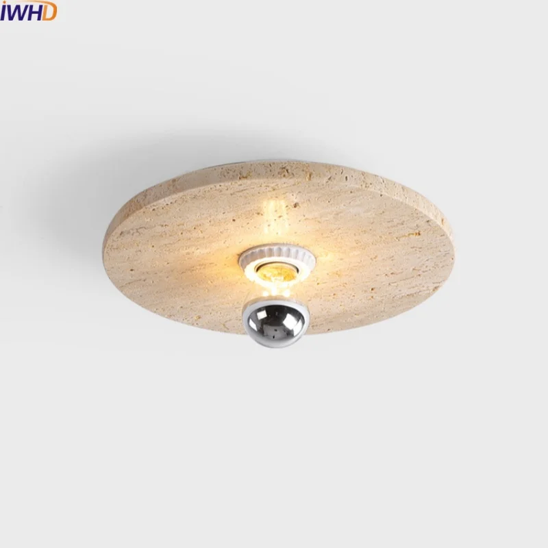 

IWHD Modern Style LED Ceiling Light Fixtures Round Shape Corridor Porch Balcony Yellow Travertine Modern Ceiling Lamp Avize