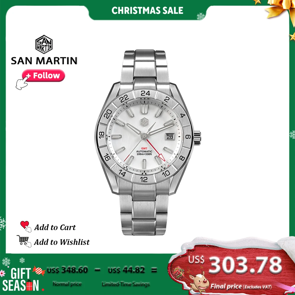 

San Martin 42mm Luxury Stainless Steel Chinese Men Watch NH34 GMT Automatic Mechanical Watches MOP Dial Waterproof 10Bar SN0130