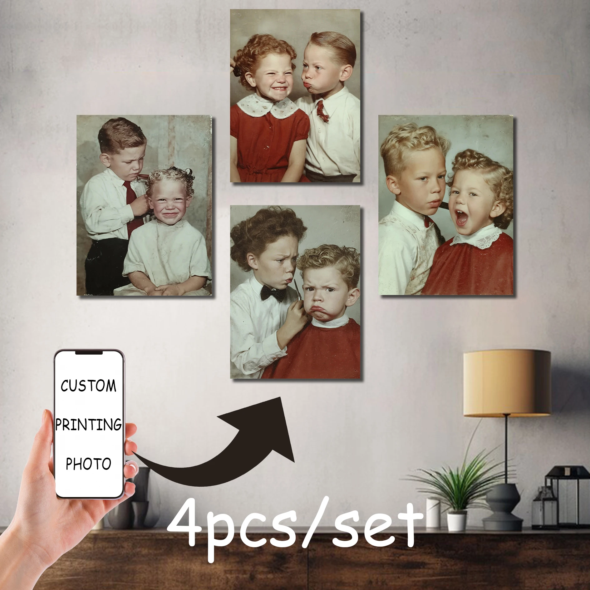 4 Stück/Set individueller Leinwanddruck, personalisierte Fotos, geeignet für Familienleben, Haustiere, Frischvermählte, Wanddekoration, Kunstposter