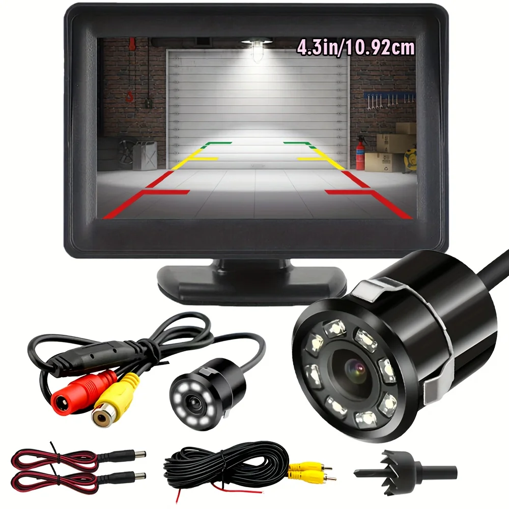 Backup Camera System,4.3-Inch Display Screen and Reversing Camera Kit with 8 LED Light,Suitable for Cars, Pickups, RVs And SUVs.