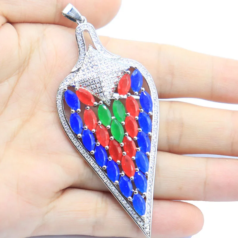 Buy 5 Get 1 Free 81x33mm Real Long Big Green Emerald Blue Sapphire Red Ruby Amethyst Swiss Blue White CZ Woman's Silver Pendant