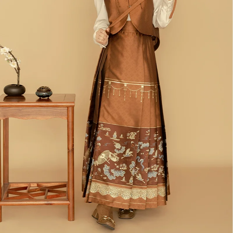 

OLrain длинная плиссированная юбка женская, новинка 2025, коричневые юбки в китайском стиле, элегантная жаккардовая женская юбка миди со шнуровкой и цветочным принтом O24CB89281