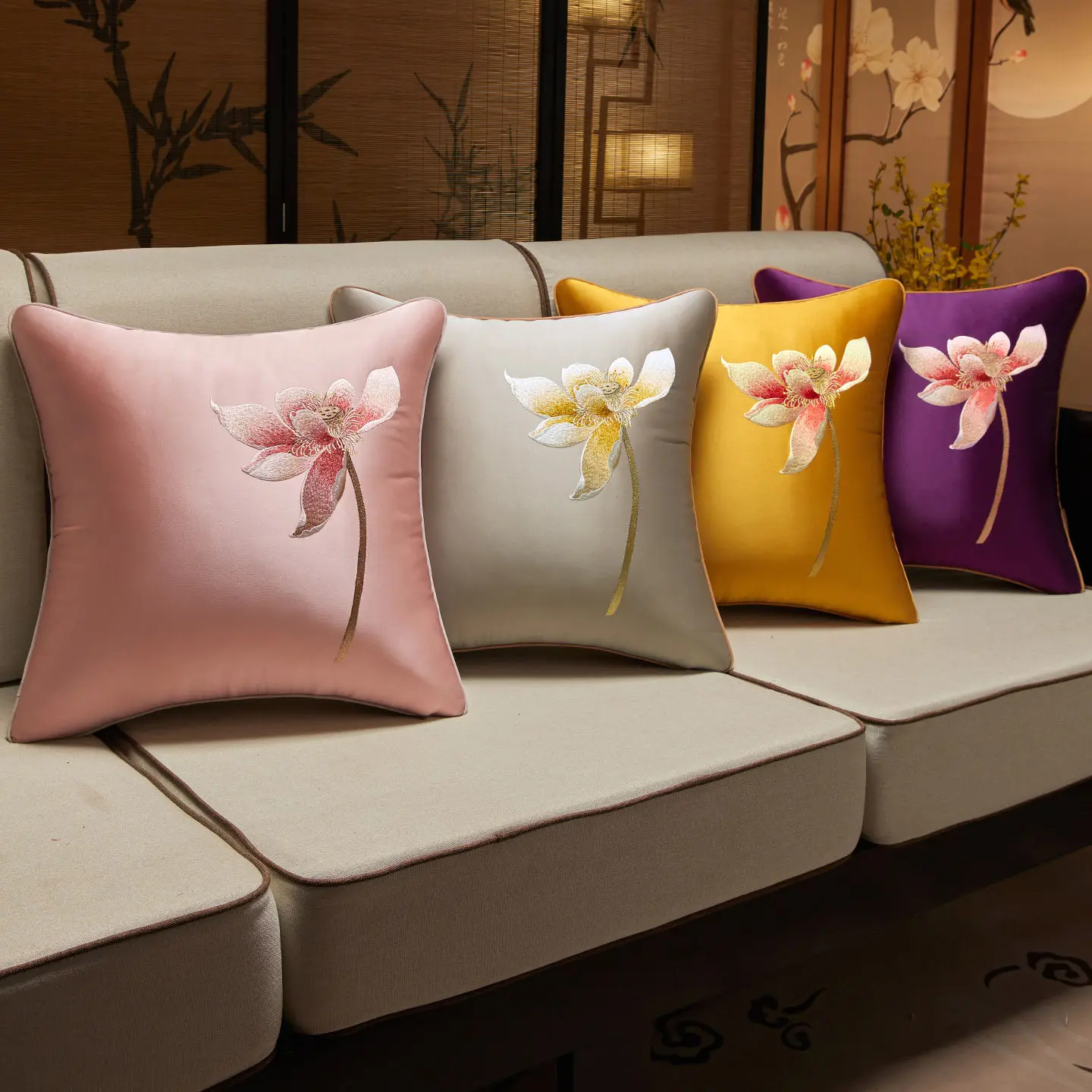Pink/purple/yellow/Light Grey Classical Chinese Style Lotus Embroidered Pillow Cover Floral Cushion Cover Satin Pillowcase