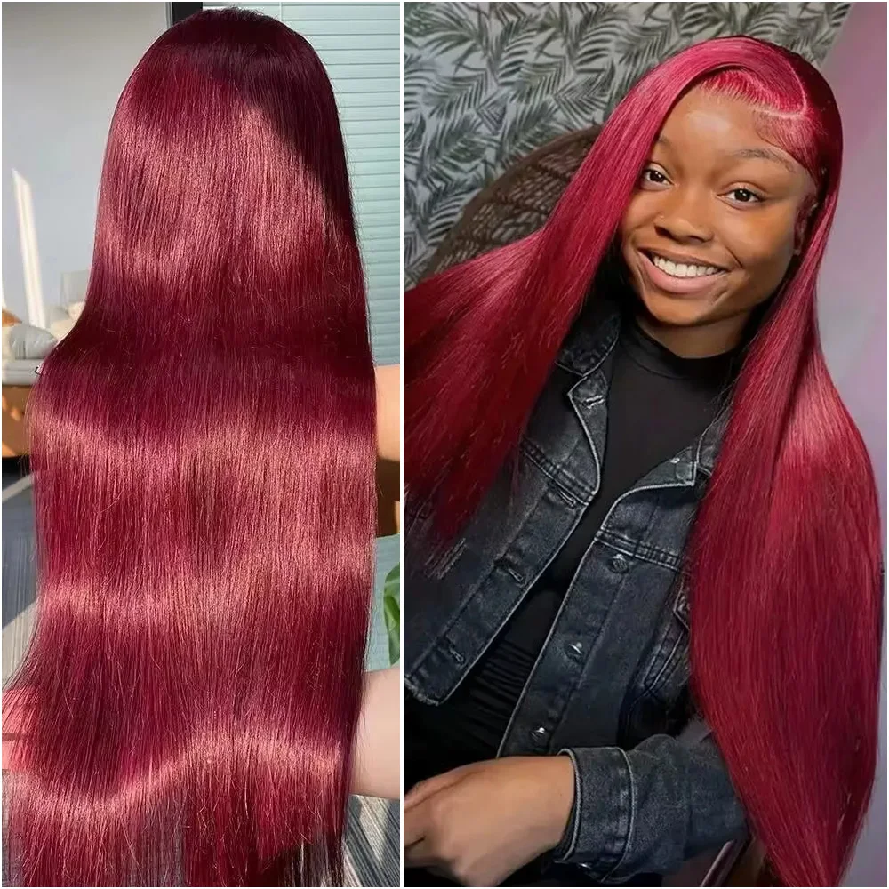

200% Density 13x4 13x6 Full Lace 99J Burgundy Pre Plucked Colored Straight Front Wig HD Transparent Lace Frontal Human Hair Wigs