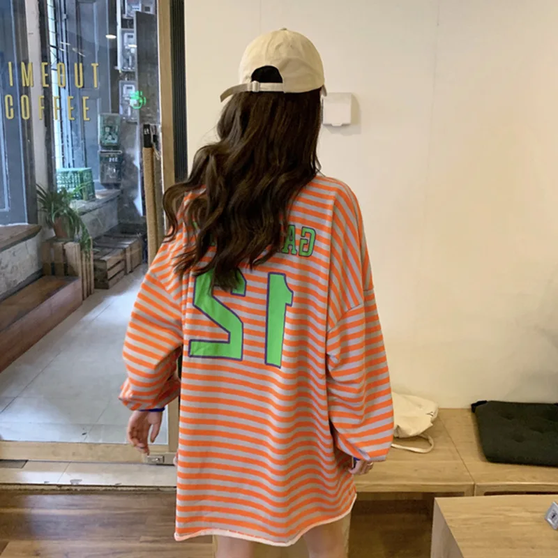 

Autumn New Versatile Long Sleeve Medium length Striped Printed Round Neck Hoodie for Women Korean Version Top Ins Trendy