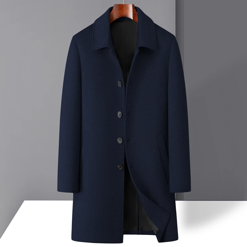 

High-quality men's fashionable, stylish and versatile solid-color casual long woolen overcoat, wool woolen overcoat