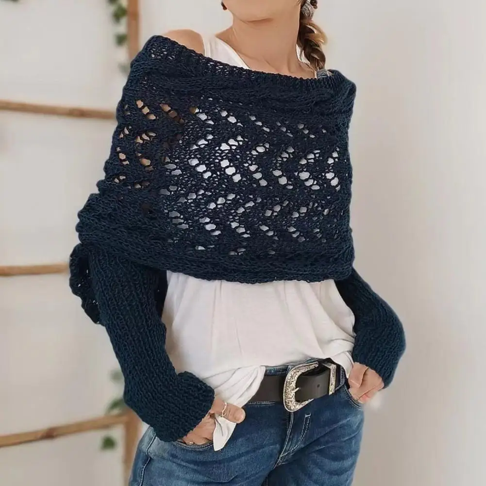 Knitted Cable Wrap with Sleeves Solid Color Hollow Twist Crochet Women Shawl Scarf Bohemian Style Sweater Scarf Ladies Poncho