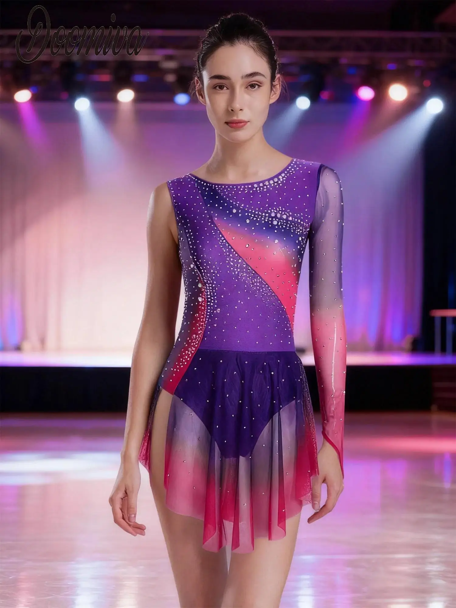 

Women Glittery Figure Skating Dress Sheer Mesh Patchwork Bodysuits Dress Gymnastics Ballet Lyrical Dance Performance Costume