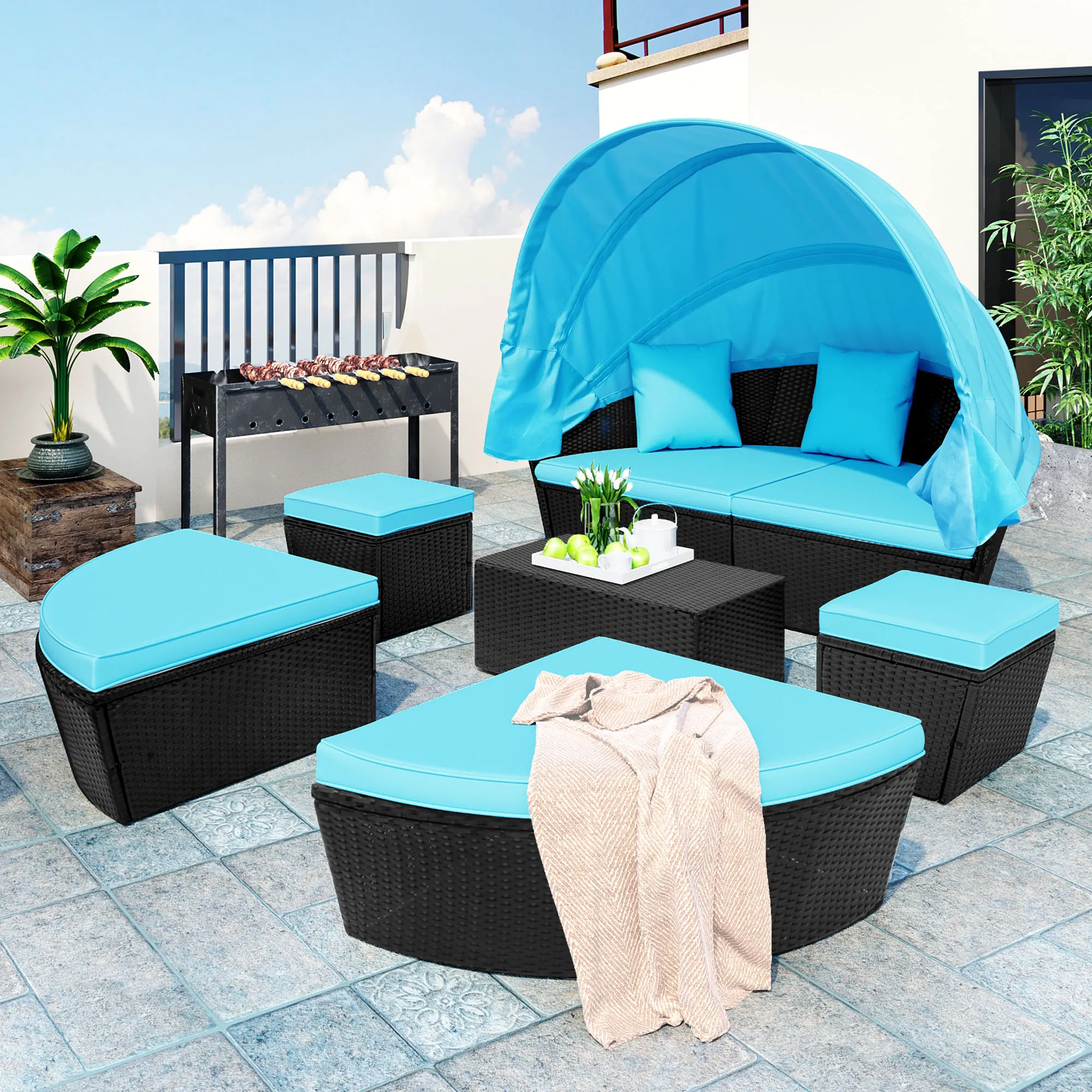 

Outdoor Rattan Daybed Sunbed W/Retractable Canopy Round Sectional Sofa Set Black Wicker Furniture Clamshell Seating[US-Stock]