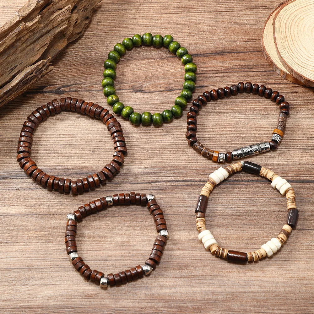 New Vintage Men\'s Bracelet Shell Coconut Shell Beaded Bracelet Multi Layer Handwoven Wooden Beaded Bracelet Bohemian Accessories