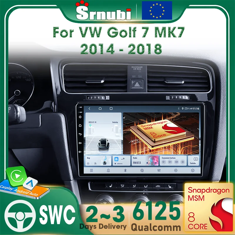 Navigation GPS Android Auto Carplay pour Volkswagen VW Golf 7 MK7 2014 - 2018, autoradio multimédia 2 Din, Qualcomm 6125 8‑Core, écran tactile, DSP audio, Bluetooth 5.4, 4G, WIFI 5GHz, ventilateur de refroidissement intégré, avec cadre, écran d'affichage Plug and Play