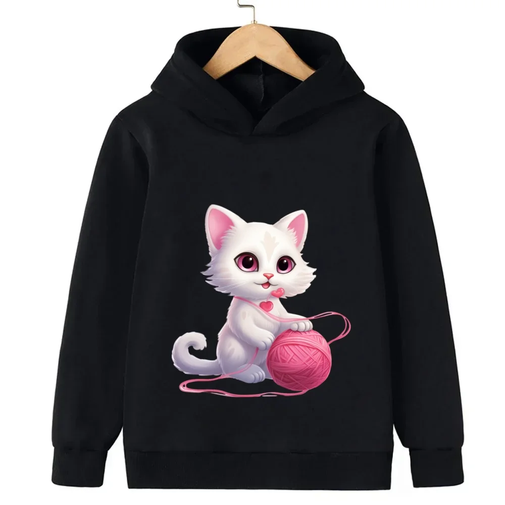 Gato dos desenhos animados impresso moletom com capuz para crianças, adolescentes, meninas, meninos, outono moda casual moletom de manga comprida