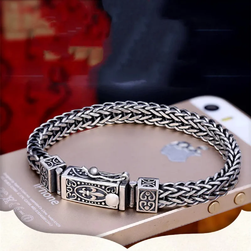 S925 Sterling Silver Charm Bracelets 2023 Popular Retro Totem Double Row Woven-Chain Pure Argentum Amulet Jewelry for Men Bangle