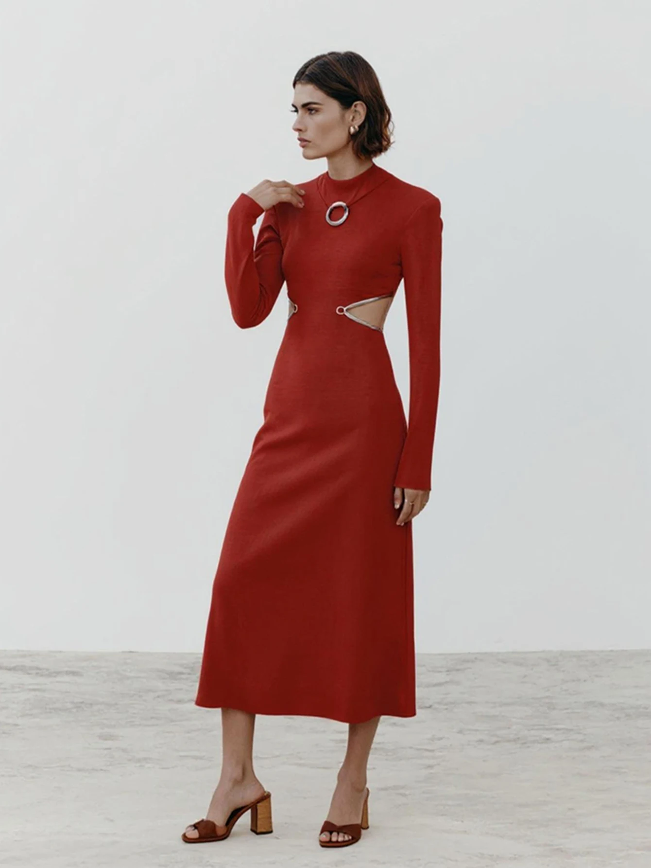 فستان Mia Muse نسائي بأكمام طويلة ورقبة دائرية متوسط الطول بتصميم أنيق لفصول الصيف والخريف