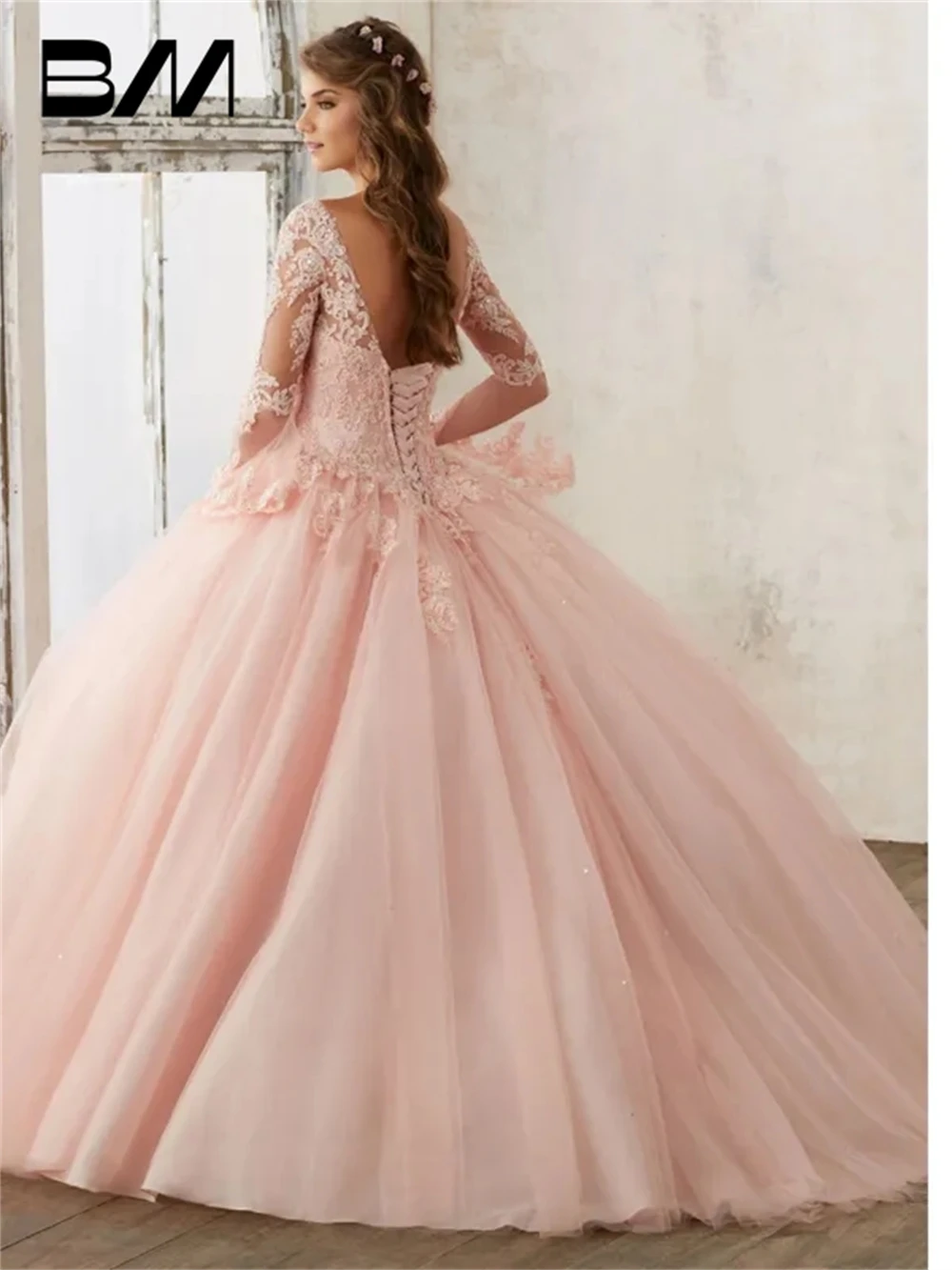 Vestido De baile azul cielo De manga larga, Vestidos De quinceañera, cuello en V, apliques De encaje, baile De graduación largo dulce 16, Vestidos De quinceañera