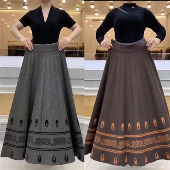 Saia de malha de caxemira feminina, cintura alta, linha A, saia grande, lã espessa feminina, saias longas, outono, inverno, novo, 2024